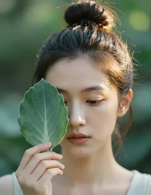 A hyper-detailed, head-and-shoulders portrait of a botanist with a large, succulent leaf held gently against her cheek, her e