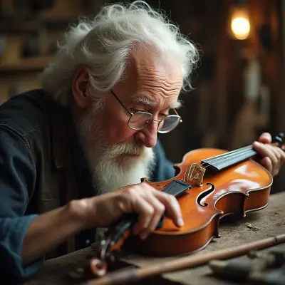 A hyper-detailed, warmly lit headshot of an elderly violin-maker intently examining the intricate carvings on his latest inst