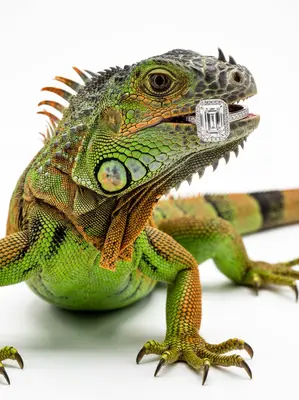 A hyper-realistic studio photo of a vibrant green and orange iguana in a dynamic side-profile pose, facing right. The iguana 