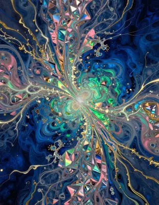 an iridescent foil topography unfolding as a swirling vortex of crystalline structures, with shimmering metallic hues that gr