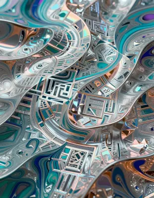 an iridescent foil topography unfolds as a mesmerizing geometric abstraction with undulating waves of holographic silver and 