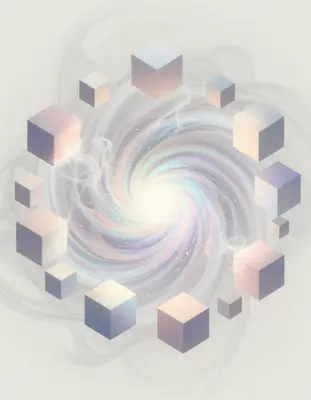 an isometric grid of pastel cubes with soft, feathery edges dissolving into delicate wisps of ethereal smoke that swirls and 