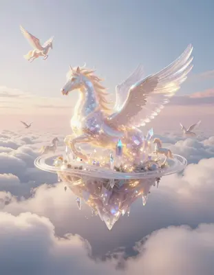 A luminous floating crystal island suspended high above an endless ocean of soft, white clouds, with delicate wisps of cirrus