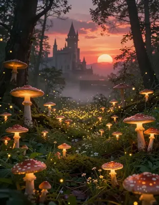 A luminous mushroom forest at dusk, with towering, iridescent fungal growths that stretch towards the sky like sentinels, the