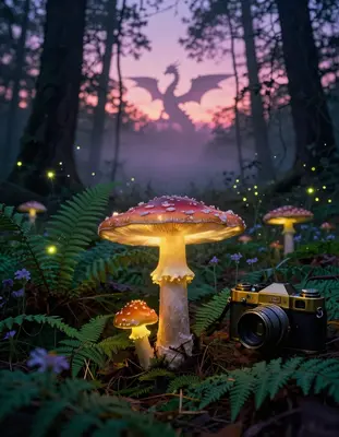 A luminous mushroom forest at dusk, with towering fungi emitting a soft ethereal glow, their caps a vibrant array of iridesce