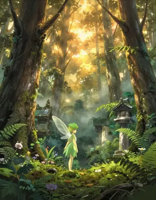 In a lush, vibrant forest, a gentle forest spirit with delicate, almost translucent wings and leaves for hair, stands serenel