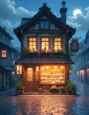 A magical bakery shopfront stands alone on a deserted cobblestone street at night, its ultra-realistic warm lighting spilling