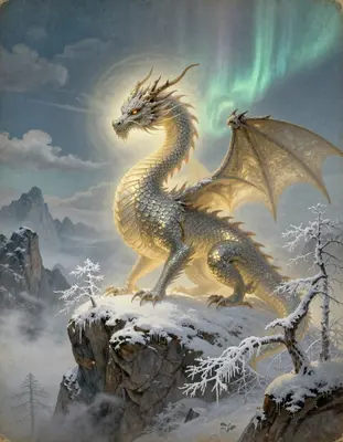 A majestic dragon coiled on a snow-capped peak, surrounded by a halo of mist and golden light, with delicate frost-covered tr