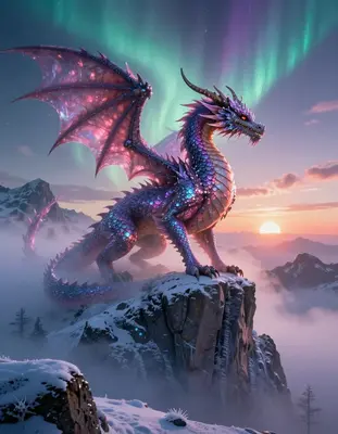 A majestic dragon coiled on a snow-capped peak at dawn, with misty veils of auroral mist swirling around ancient, weathered s