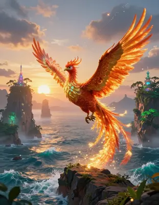 A majestic phoenix taking flight from a rugged sea cliff at sunrise, its radiant plumage ablaze with warm golden light, as th