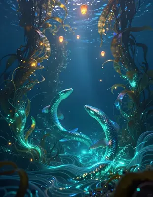 a mesmerizing bioluminescent kelp grove illuminated by soft ethereal glows and shimmering iridescent tendrils, set amidst an 