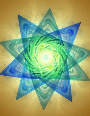 a mesmerizing fractal mandala of overlapping translucent triangles in shades of iridescent blue and green, with intricate sac