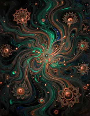 A mesmerizing swirl of viridian and copper fluids intertwines in a hypnotic dance, as shimmering metallic accents and iridesc