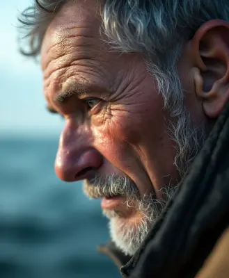 A minimalist, extreme close-up portrait of a weathered fisherman's face, salt spray clinging to his stubble, with a shallow d
