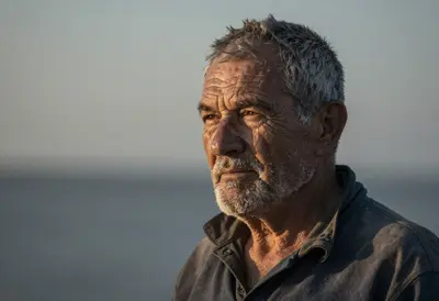 A minimalist, photorealistic portrait of a grizzled fisherman, his weathered face filling the frame, with a shallow depth of 