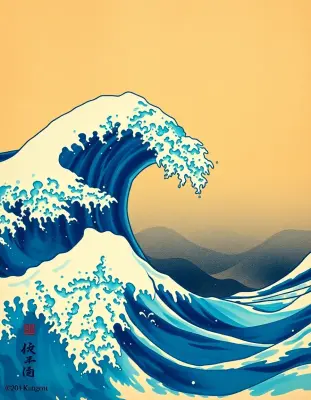 create modern poster of Hokusai’s 'The Great Wave off Kanagawa' with visible thin brushes and rich colors
