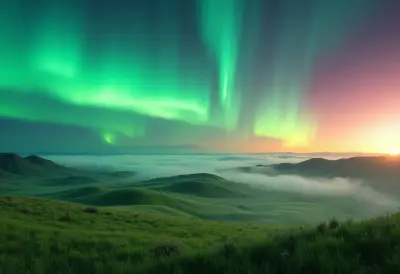 Mongolian steppe under a vibrant aurora borealis display, with undulating hills and vast expanses of emerald green grass stre