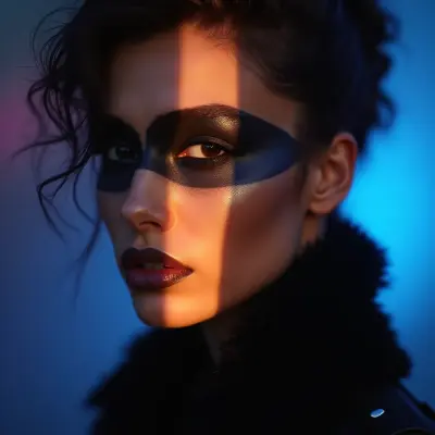 A moody editorial fashion close-up of a model with bold, avant-garde makeup, dominated by dark, noir-inspired shades of indig