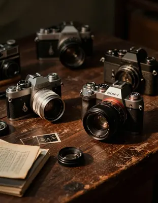 A moody, high-contrast still life of vintage cameras arranged on a dark wood workbench, captured with a Sony A7R IV and a 50m