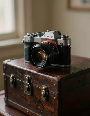 A moody still life photograph of vintage cameras arranged on a dark wood antique chest, captured with a Sony A7R IV and a 55m