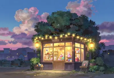 a mystical anime bakery shopfront at dusk, with soft pastel hues and warm golden lighting spilling out onto the misty night s