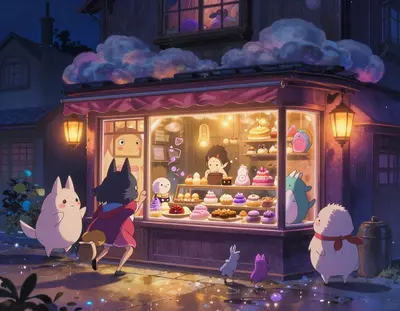 A mystical bakery shopfront at night, bathed in the soft glow of lanterns and neon signs, with a high-contrast landscape of d