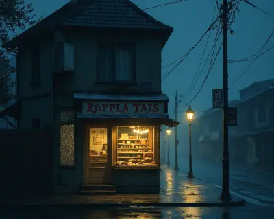 A mystical bakery shopfront stands alone on a misty, rain-soaked street at night, its faded sign creaking in the wind, as a w