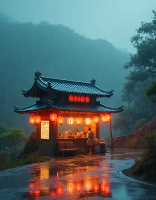 A mystical hilltop ramen stall stands alone in the midst of a torrential downpour, its vibrant paper lanterns and steam-shrou