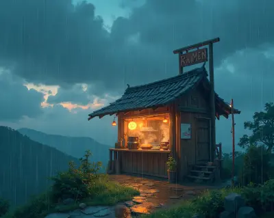 A mystical hilltop ramen stall stands alone in the pouring rain, its wooden sign creaking in the wind, as vibrant, neon-lit l