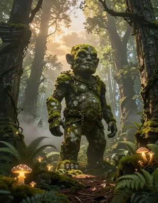 In a mystical, primeval forest, an ancient stone golem stands steadfast, covered in vibrant moss and lichen, surrounded by cr