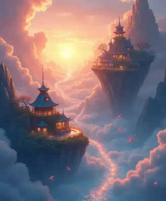 A mystical sky-island village drifts effortlessly through a swirling vortex of pastel-hued clouds and iridescent mist, with d