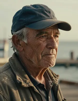 A photorealistic close-up portrait of a worn, aging fisherman, with deep-set wrinkles and a rugged, sun-weathered complexion,