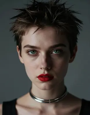 A photorealistic close-up portrait of a young woman with short spiky hair and piercing green eyes, set against a moody dark g
