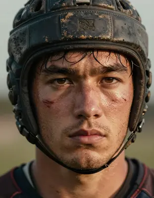 A photorealistic close-up portrait of a young rugby player with a strong jawline and determined gaze, wearing a worn leather 