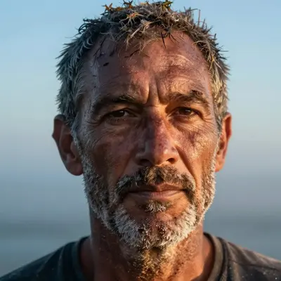 A photorealistic, extreme close-up portrait of a grizzled fisherman's face, with salt spray clinging to his stubble and a few