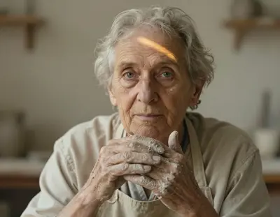 A photorealistic head-and-shoulders portrait of an elderly potter, clay dust on her hands and apron, set against a soft, blur