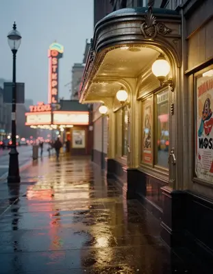 A rainy dusk scene unfolds at an art deco subway entrance, where warm golden light from vintage sconces spills out onto slick