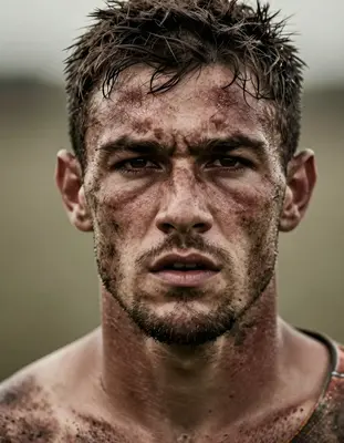 a rugged, athletic rugby player in their early thirties with a strong, determined gaze and a few days' worth of stubble, capt