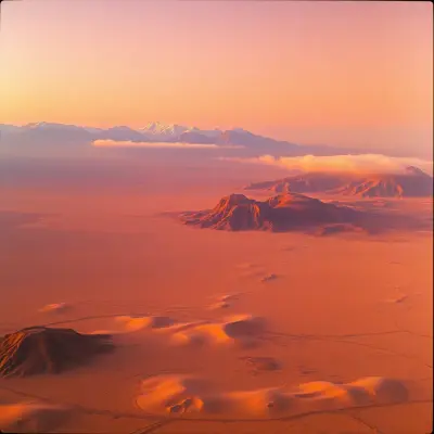 A serene aerial vista of the Atacama desert at dusk, captured through the warm, grainy haze of vintage film, with soft golden
