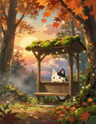 In a serene autumnal forest, a whimsical cat-bus stop stands beneath a kaleidoscope of warm, golden light, with vibrant koyo 