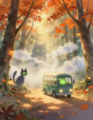 In a serene autumnal landscape, a whimsical cat-bus stop awaits, adorned with vibrant orange maple leaves and twinkling lante