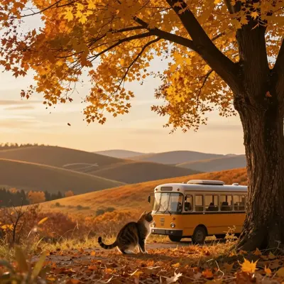 A serene cat-bus stop nestled beneath a vibrant autumn canopy, where soft golden light filters through the rustling leaves an