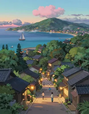 A serene coastal anime town at dusk, inspired by the whimsical landscapes of Studio Ghibli, with warm golden light and soft p