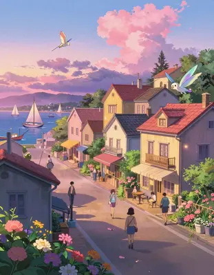 A serene coastal anime town at dusk, with warm golden light spilling across pastel-colored buildings and streets, inspired by