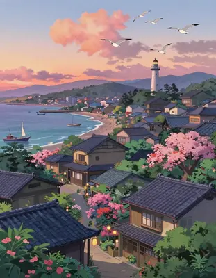 A serene coastal anime town at dusk, with pastel-hued sky and wispy Makoto Shinkai-inspired clouds, set against a warm orange