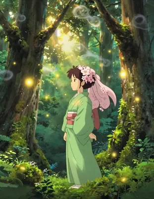 a serene forest spirit with delicate sakura blossom-patterned hair and a slender, ethereal figure draped in a flowing, moss-g