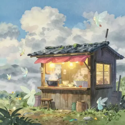 A serene hilltop ramen stall stands alone in the rain, its wooden structure and vibrant colored tarpaulin glowing softly unde