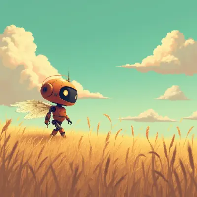 In a serene wheat field swaying gently in the breeze under a warm, cloud-dappled sky, a lone, retro-futuristic robot with a w