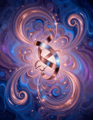 a shimmering chrome ribbon coiled in zero gravity evolves into a labyrinthine network of iridescent spirals and shimmering fr