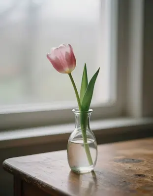 A single delicate tulip in a vintage glass vase, shot with a Sony A7R IV and 85mm f/1.2 lens, capturing the soft diffusion of